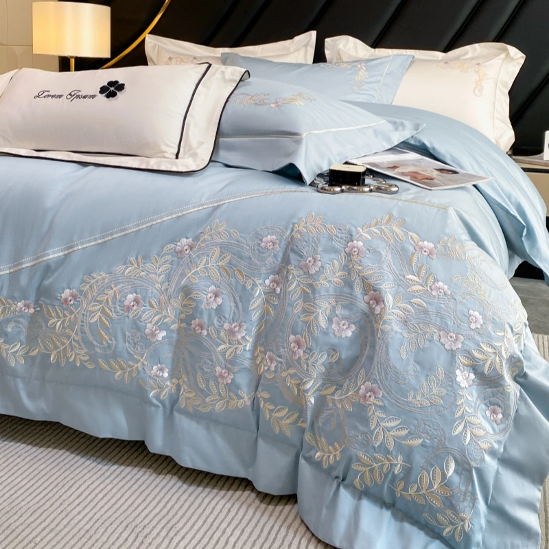 

Роскошный Европейский Комплект постельного белья из египетского хлопка с цветочной вышивкой, пододеяльник, постельное белье, простыня, наволочки, однотонный домашний текстиль
