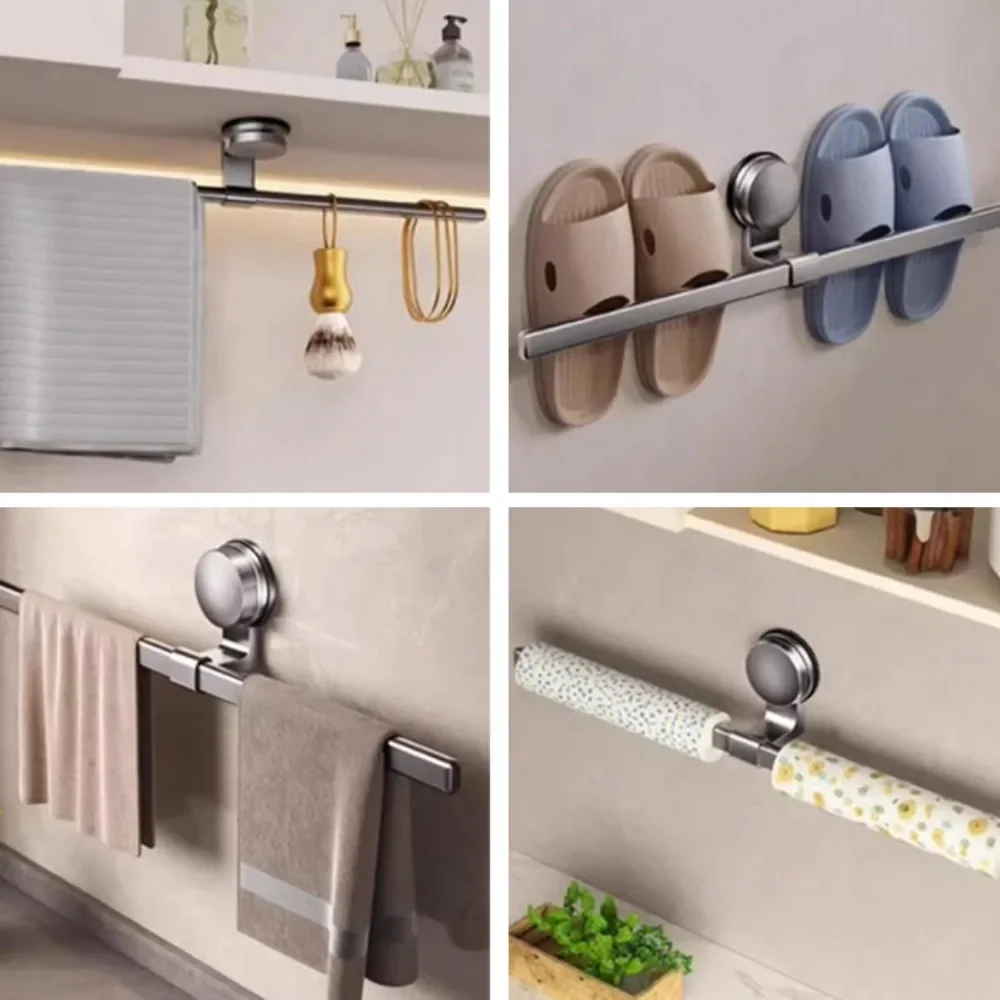 Aluminum Bathroom Towel Rack Suction Cup Installation Punch Free Towel Hanger Multi-function Removable Wall Mounted Balance Rod