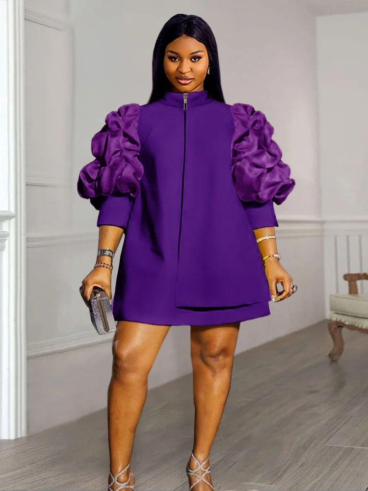 Wmstar Plus Size Dresses for Women Elegant Lady Loose Purff Zipper Up Long Sleeve Party Mini Dress Wholesale Dropshipping 2024