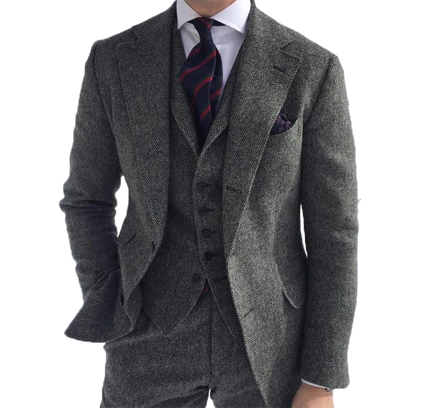 Herringbone Suit Men 3 Pieces Formal Business Tweed Tuxedo for Men Tailor-made Retro Wedding Suit Jacket Vest Pants Set