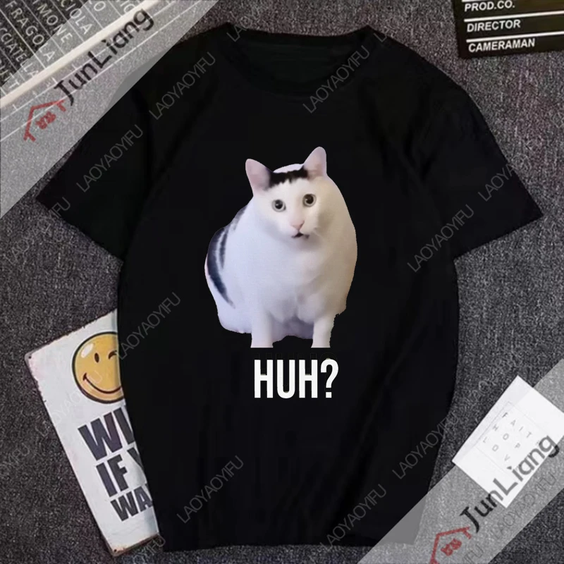 

Hip Hop Men T-shirt Cute Cats Humor Men's T-shirts Huh Cat Meme Short Sleeve Tee Y2k Mens Clothes Streetwear Funny Gifts Manga