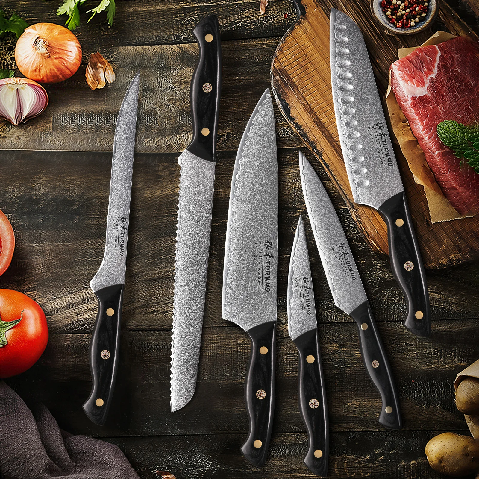 Turwho 6 Pcs Kitchen Knives Sets High Carbon Japanese Vg10 Damascus Steel  Chef Santoku Cleaver Bread Utility Knife G10 Handle - Knife Sets -  AliExpress