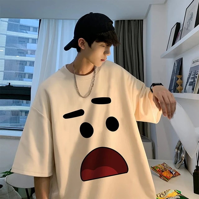 Korean Men's Polyester Oversized T-shirts  Mens T Shirt Casual Summer Wear Emote Fashion Print White Tee Shirts for Men Clothing 1