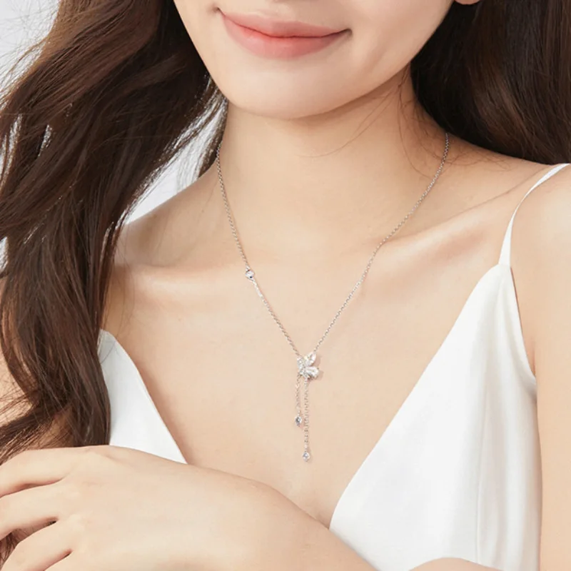 

PANJBJ 925 Sterling Silver Butterfly Necklace for Women Girl Simple Trend Tassels Temperament Jewelry Birthday Gift Dropshipping
