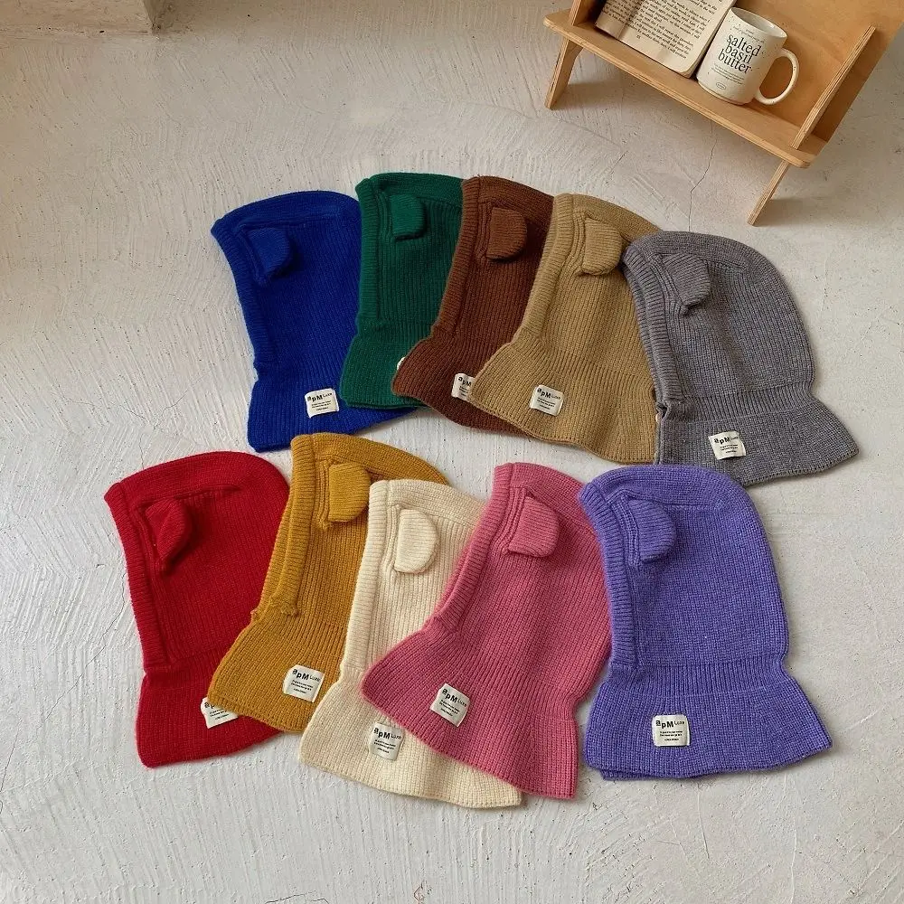 

Knitted Children Balaclava Hats Warmer Windproof Cute Bear Ears Kids Knitted Beanie Cap Scarf All-in-One Boy Girls Pullover Hat