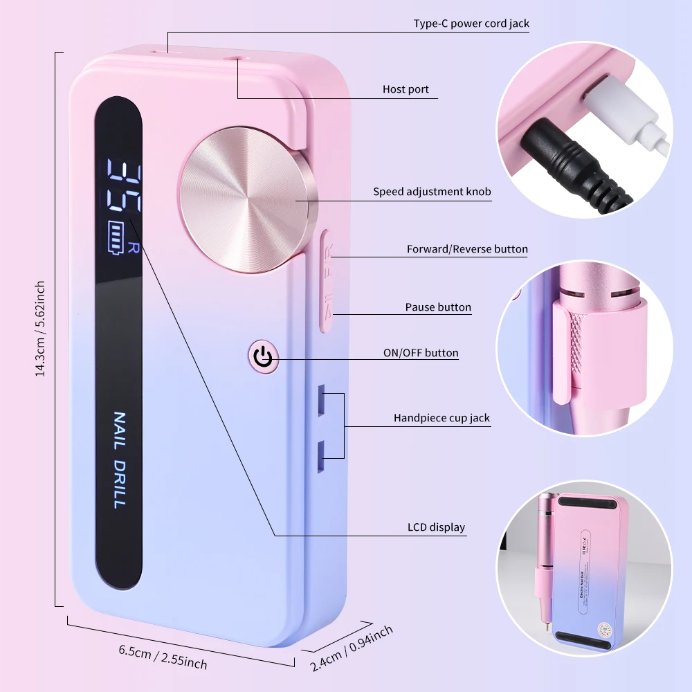 35000RPM Electric Nail Drill Machine Professional Nail Drills for Gel Nails Polish Rechargeable Portable Nail File Manicure Tool 6