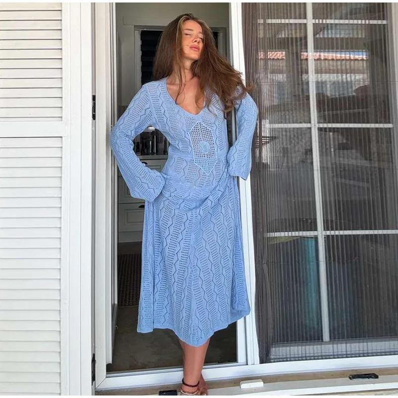Elegant Knit Long Dress Women Sexy Slim Round Neck Hollow Vestidos Female Fashion Autumn Solid Lady Holiday Beach Robe
