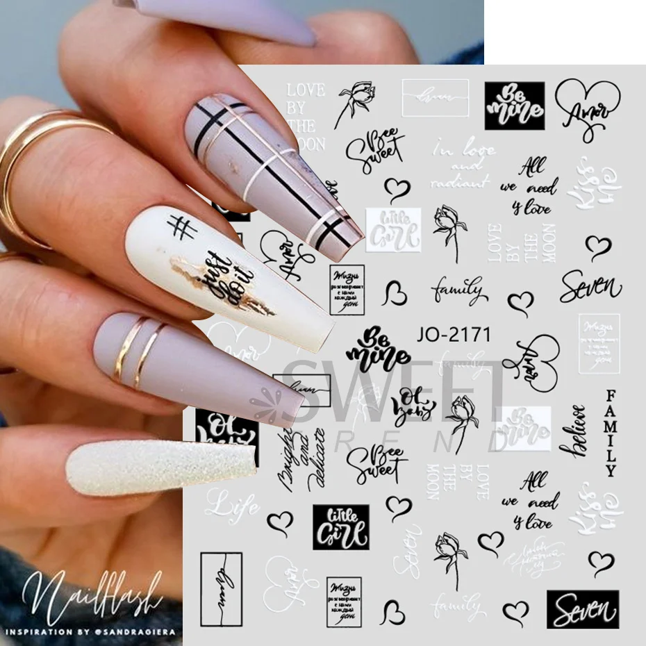 Black Letters ABC Word Sticker for Nails Art Decorations 3D Design Sliders Abstract Face Decals Foil Manicure Accessories SWJO