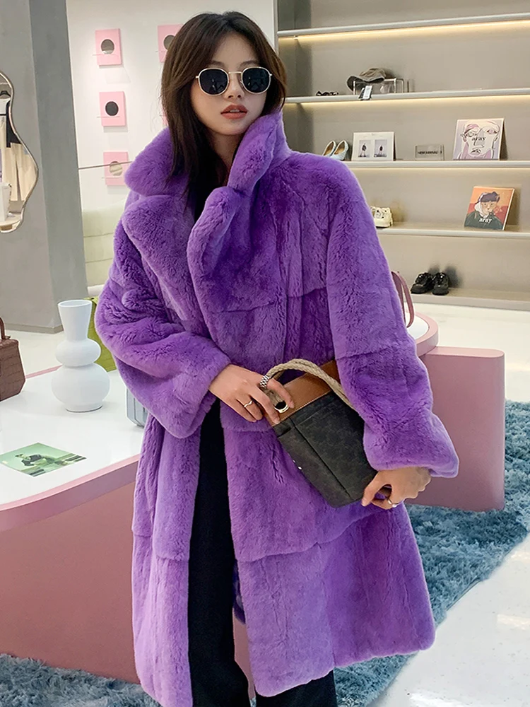 

2024Top Selling Real Rex Rabbit Fur Whole Fur Coat With Suit Collar Fashion Warm Overcoat 100cm Long Purple Jacket Women Winter