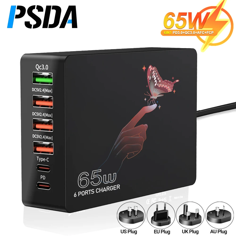 

PSDA 3D 65W Multi USB Charger QC3.0 PD 20W Fast Charger Desktop USB C Charging Station Adaptor For iPhone 15 14 Pro Max Samsung