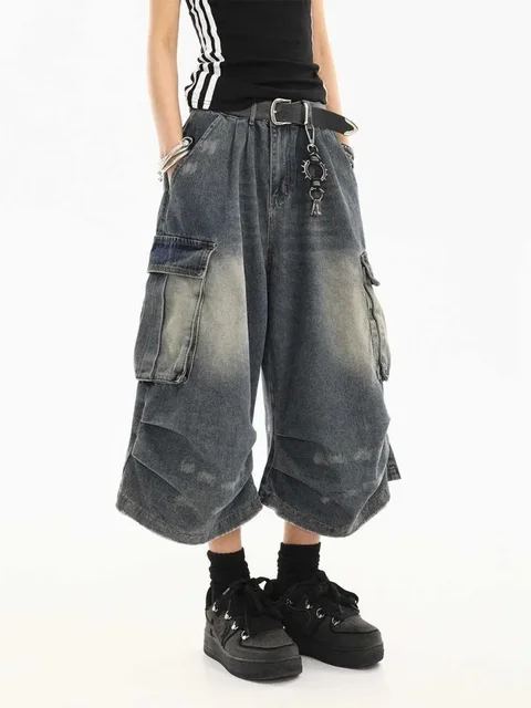 Short en Denim délavé bleu rétro taille haute pour femmes, Harajuku, Vintage, mode décontractée, ample, Y2K, Streetwear, jambes larges, pantalon court 4