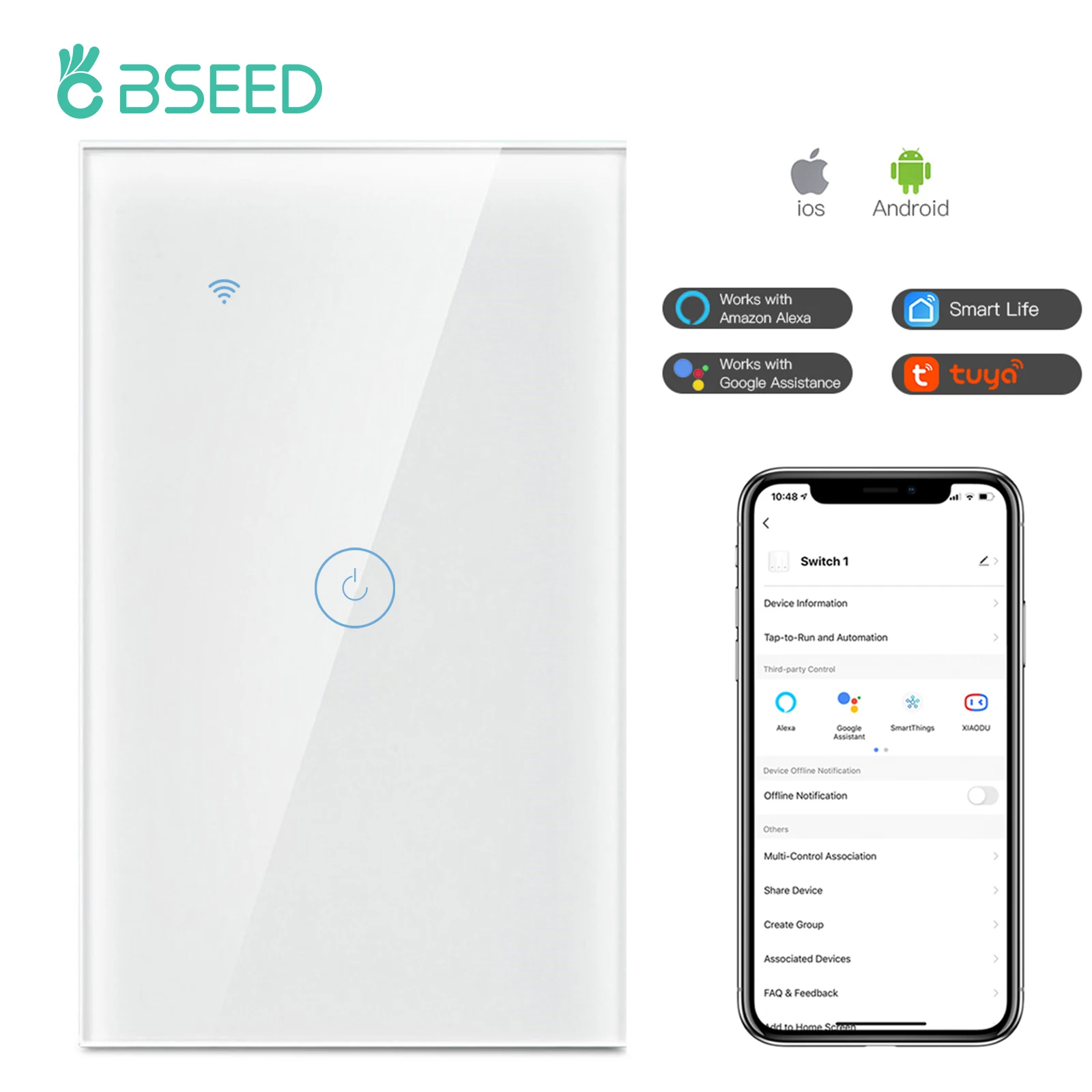 

BSEED Alexa Smart Touch Switch US Standard 1/2/3Gang Wireless Wall Switches Tuya Smart Life Goolge Home App Control Need Neutral