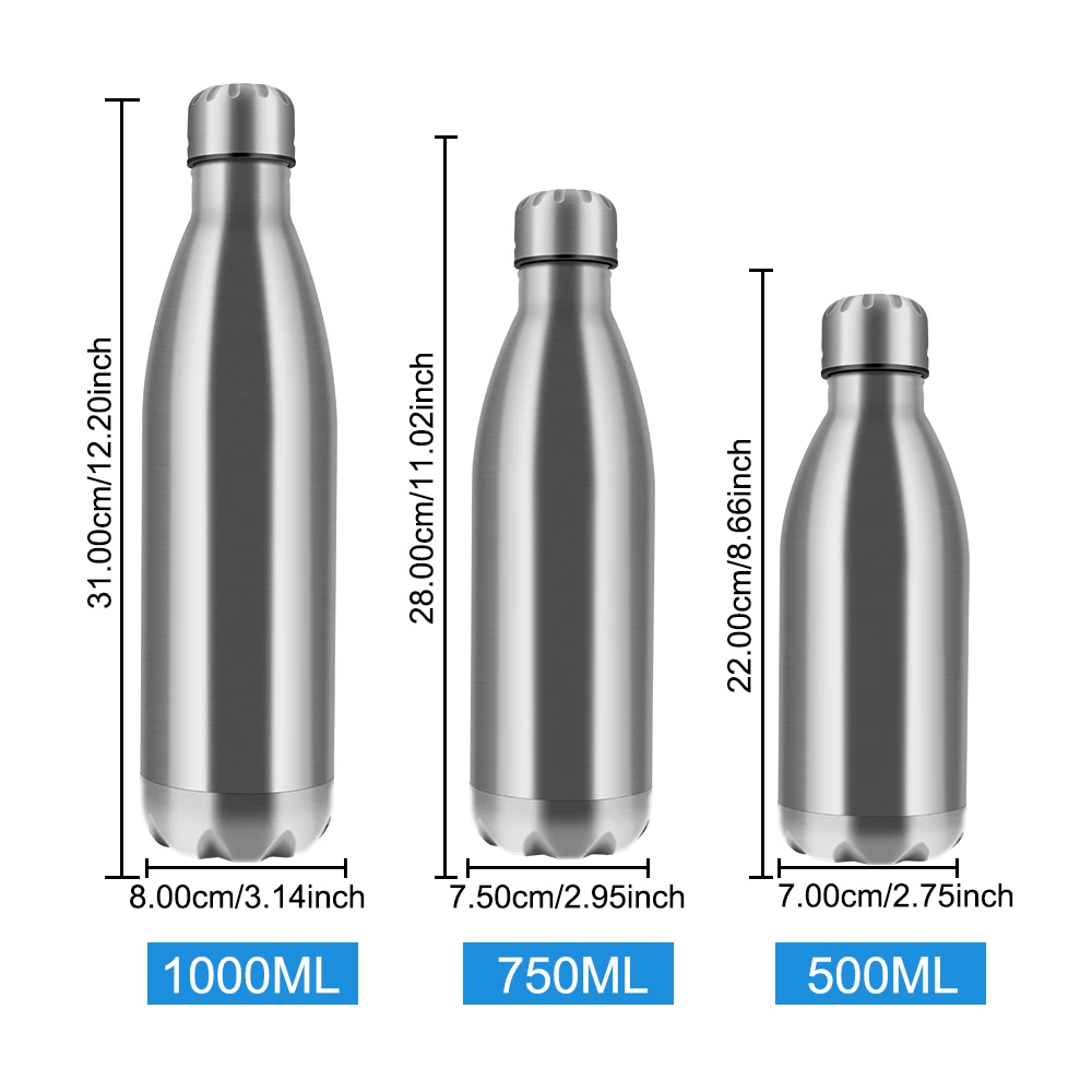 Single Wall Water Bottle 500ML 750ML 1000ML Water Cola Bottle Stainless Steel Insulated Vacuum Flask Coke Cup Portable Drinks