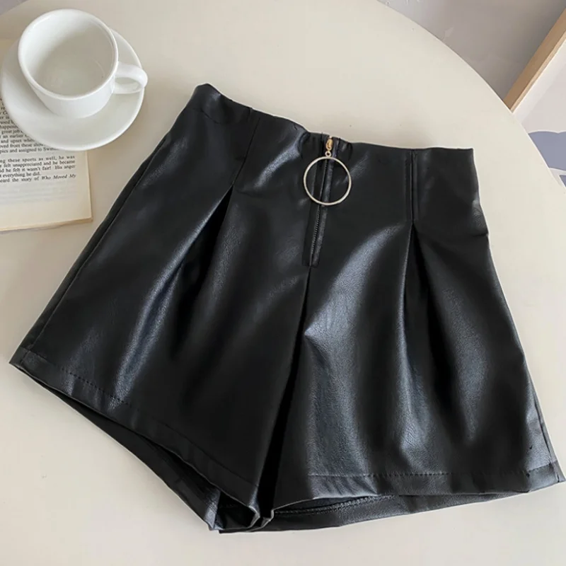 Fashion Korean Zipper Patchwork High Waist Leather Shorts Summer Women's Clothing Loose Commute Solid Color Pants for Female