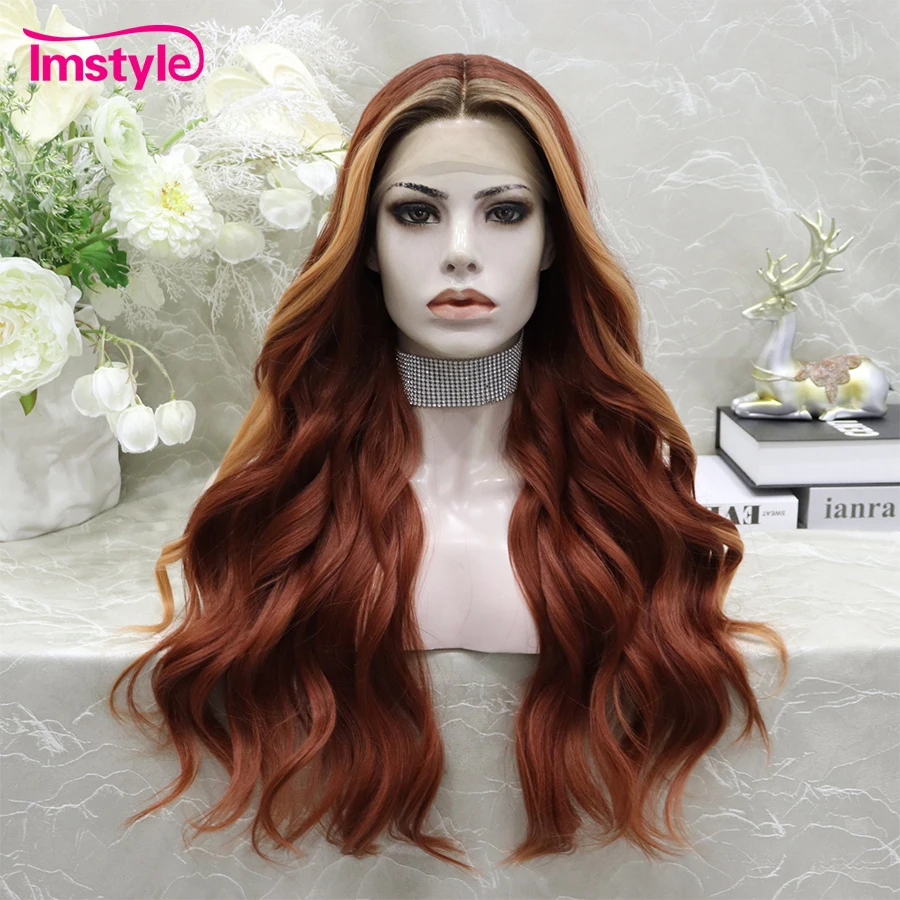 

Imstyle Ginger Wig Highlight Orange Synthetic Lace Front Wig T Lace Wig Long Wavy Wig Heat Resistant Fiber Cosplay Wigs