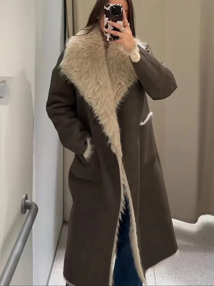 Women Winter Warm Jacket Coat New Loose Reversible Design Faux Fur Effect Long Sleeve Lapel Pocket Decorate Coat Casual Outwear