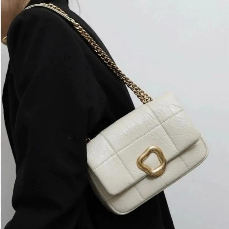 White Luxury Small Square Handbag Women Leather Checkered Exquisite Shoulder Bag Ladies Premium Fashion Versatile Crossbody Bag