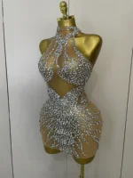 STOCK Sparkly Rhinestones Sexy Mesh See Through Dress Party Evening Prom Celebrate Birthday Dress Singer Dancer Show Stage Wear - Image 2
