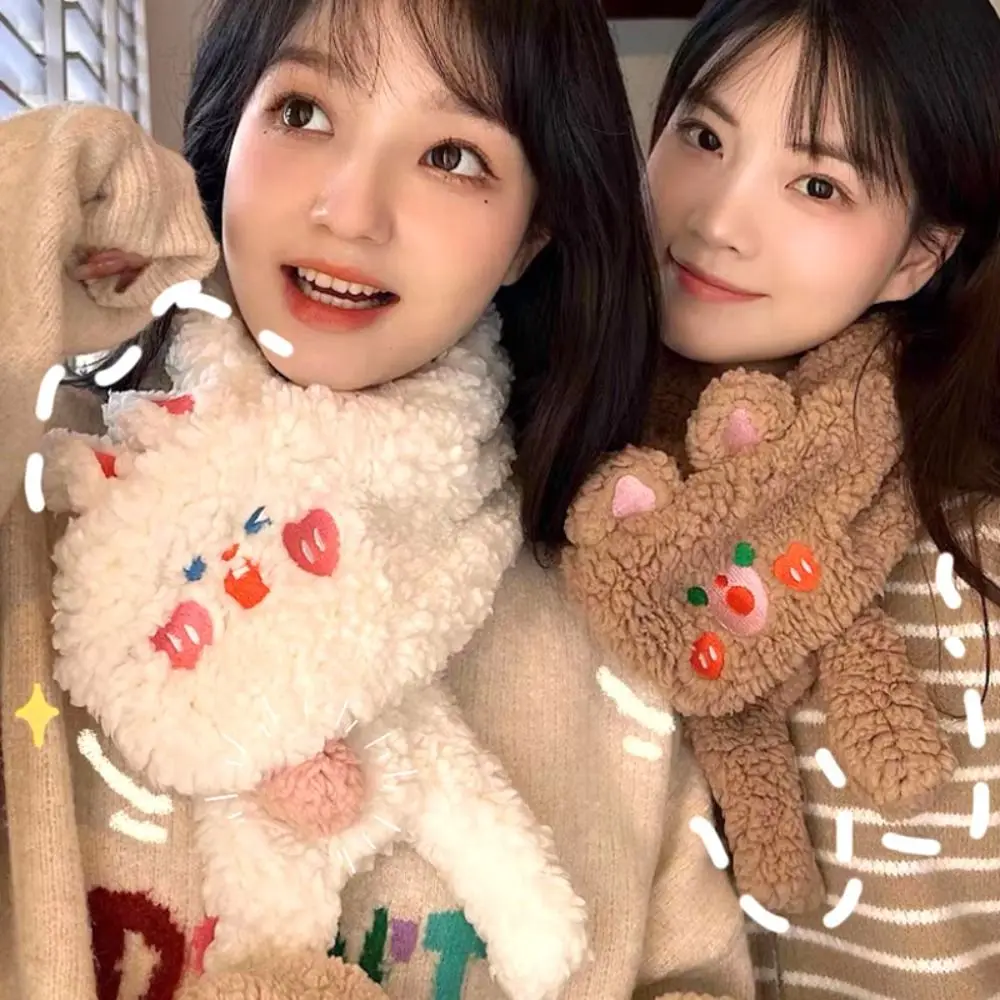 

Шарф с капюшоном и ушками кролика, мультяшный плюшевый меховой воротник, кольцо, милые вязаные вышитые шарфы, удобные теплые аксессуары