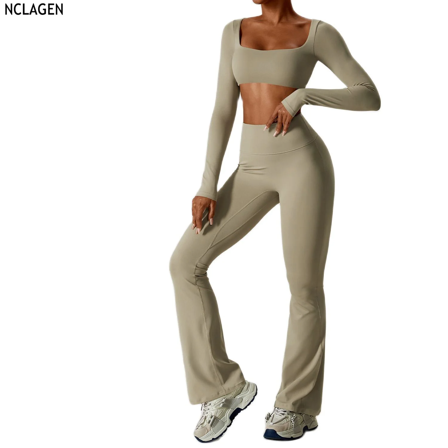 Sports Set NCLAGEN Women's 2pcs Gym Yoga Suit Tight Fitting Breathable T Shirts Bra Tank Top Loose Bell-bottoms Leggings