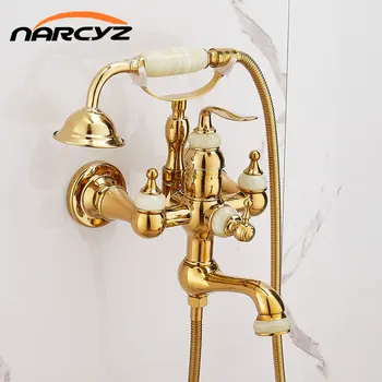 ก๊อกน้ำร้อนและเย็นสไตล์ยุโรปอ่างอาบน้ำสีทองสไตล์วินเทจหัวฝักบัวสามหัวแบบเรียบง่ายก๊อกน้ำทองเหลืองหยก GL33YS 1