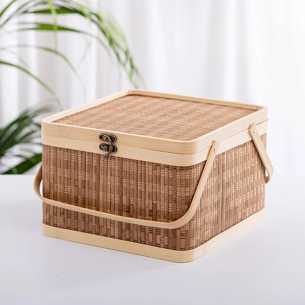 Portable Large Capacity Bamboo Woven Basket Egg Storage Holder Picnic Basket Vegetable Basket Lidded Bamboo Basket Home Storage 5