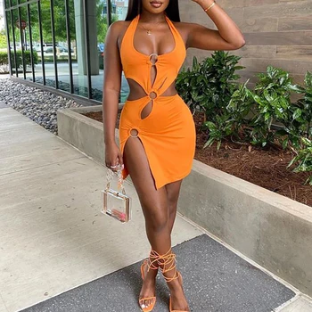 Summer Dresses Woman 2022 High Street Stretch Slim Hollow Sexy Mini Bodycon Dress Elegant Orange Sleeveless Club Party Sundress 1
