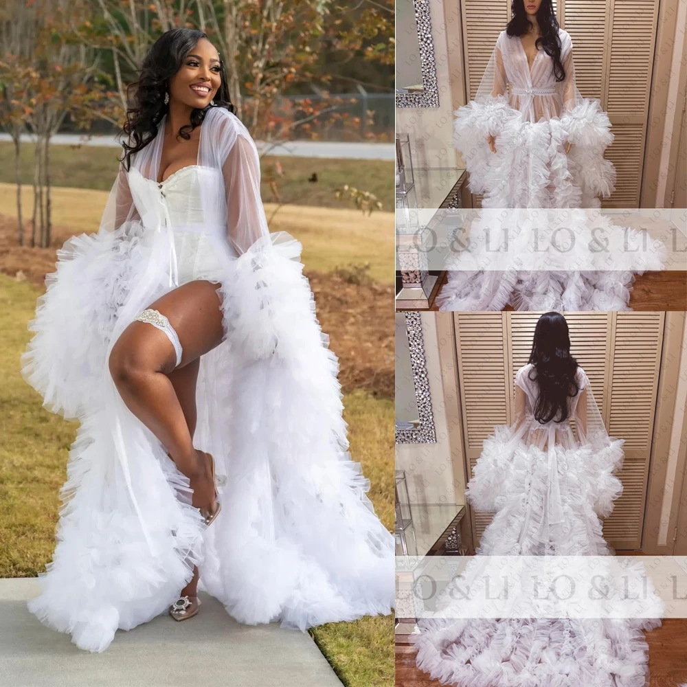

LO&LI White Tull Party Dress For Pregnant Women Bridal Robe See Throu Puffy Sleeve Birthday Party Gown Custom Free Shipping
