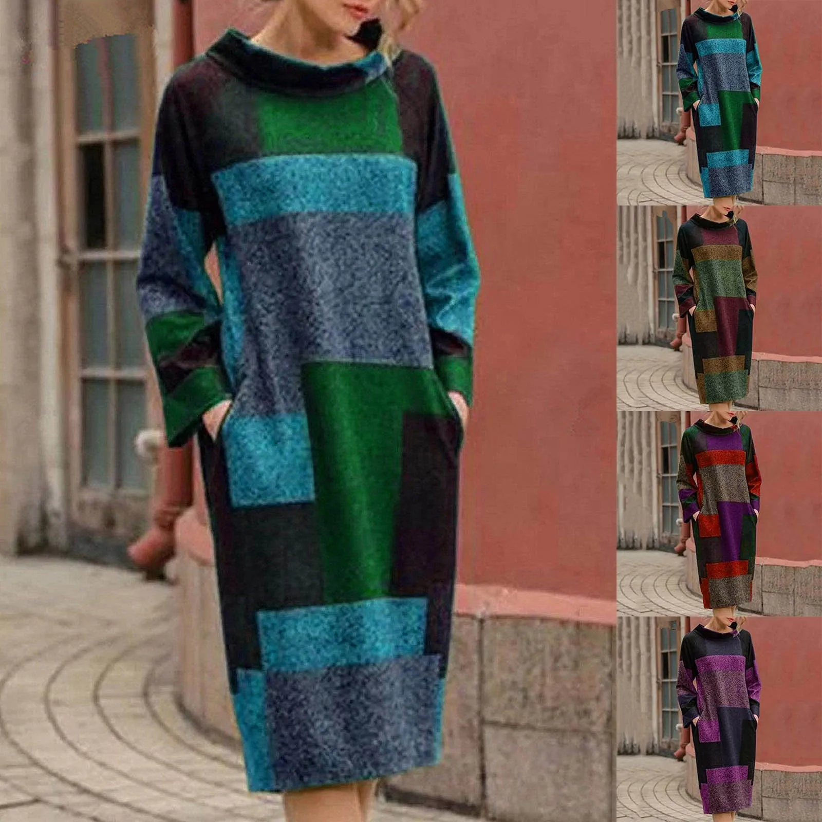 

Vintage Geometric Print High Round Neck Women Dresses Autumn Long Sleeves Pockets Casual Knee-length Dress Elegant Pullover Robe