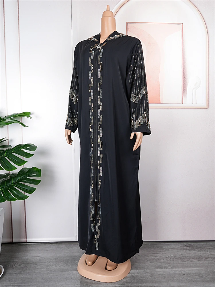 Muslim Women Abaya Dubai Wedding Party Prom Luxury Black Hooded Dress Diamond Long Sleeve Maxi Robe 2024 Ladies Islamic Clothing