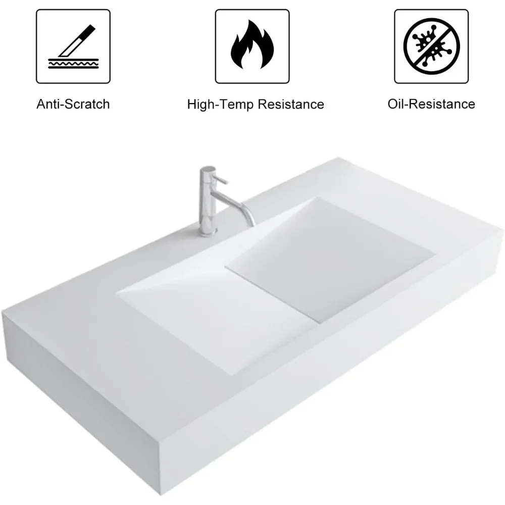 35'' Vessel Sink Wall-Mount Bathroom Sink V-Shaped Floating Sink Stone Resin in Matte White 5
