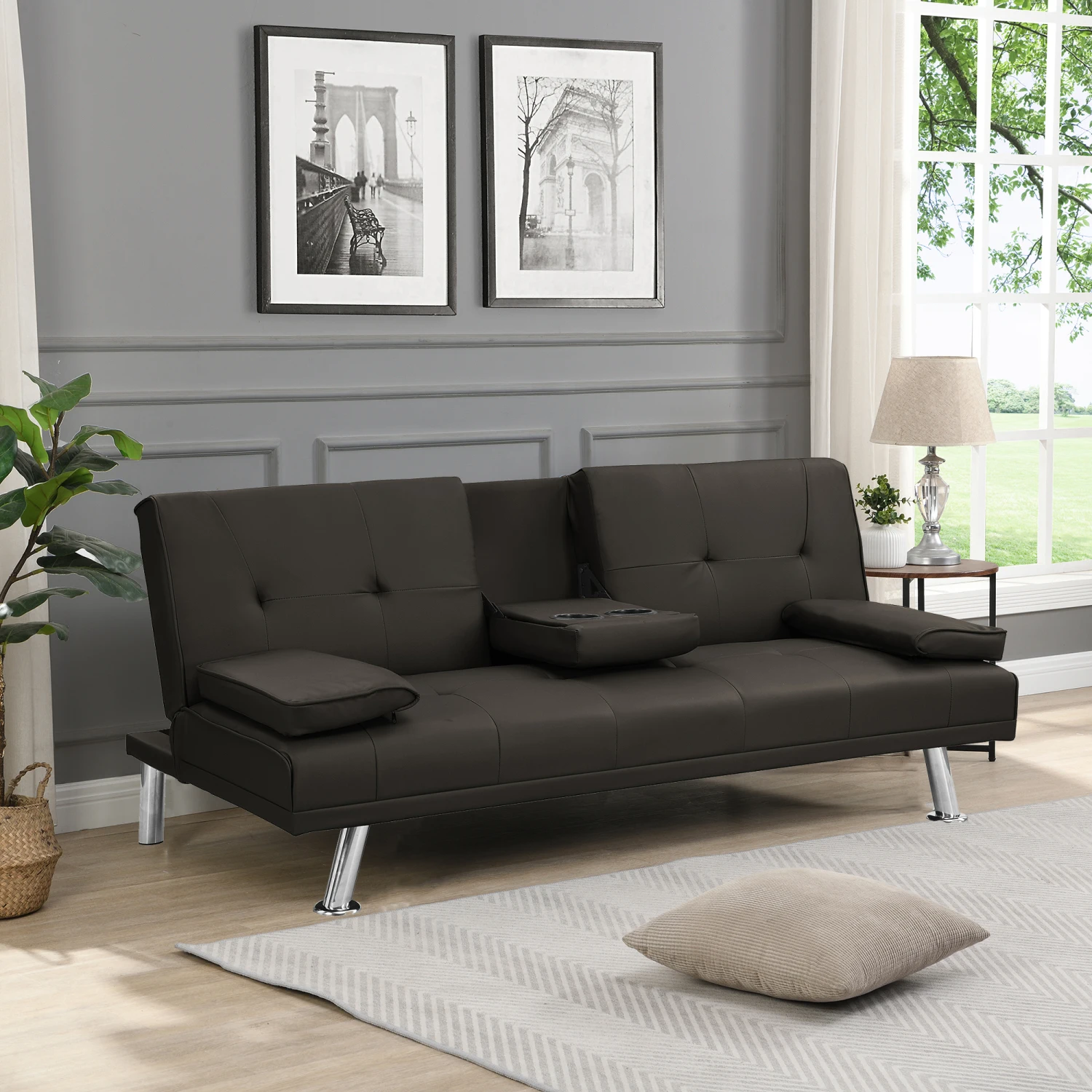 

Коричневый диван-кровать Futon из ПВХ с подлокотником, двумя держателями, деревянная рама и фотоэлементами