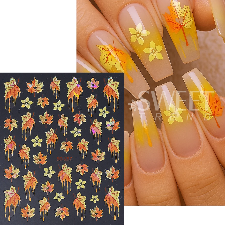 2pcs Autumn Winter Maple Leaf Nail Stickers 3D Gradient Fallen Leaves Petals Design Self-Adhesive Nail Decal Manicure Decoration