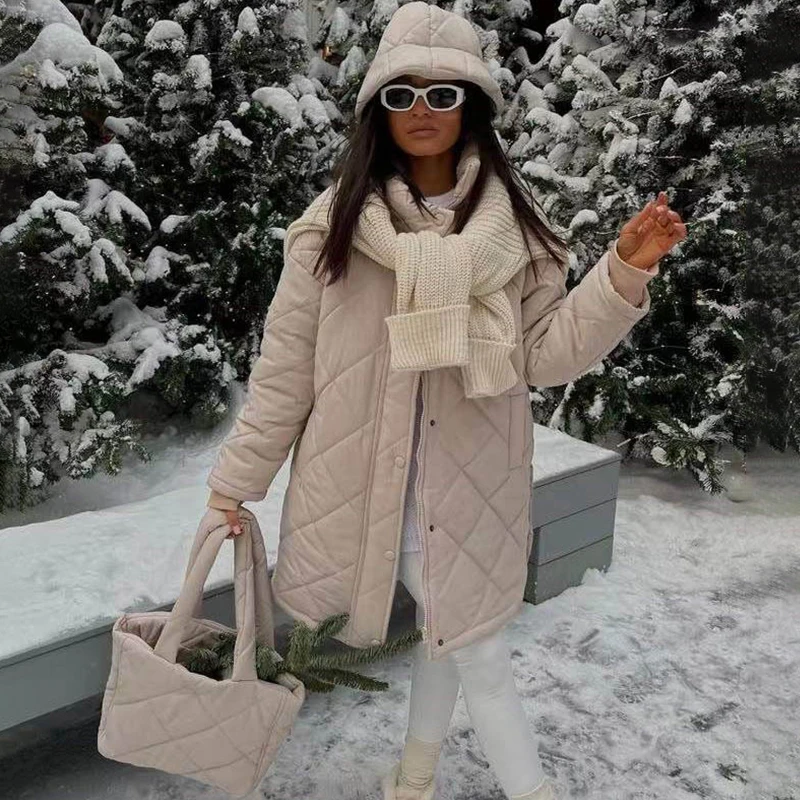 Ardm Casual High Collar With Rhombus Pattern Down Cotton Coat Long Sleeve Top Winter Jacket Women 2022 Parkas Straight Outwear