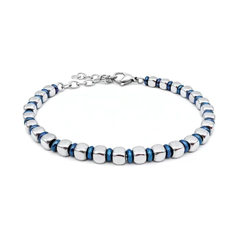 Runda Men's Adjustable Bracelet 22cm Stainless Steel 3mm Beads round Blue Fashion Handmade Charm Jewelry