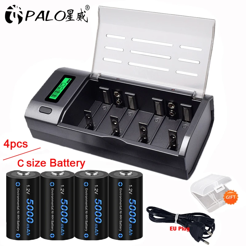 R14 C size Rechargeable Battery C cell R14 1.2V NIMH C Rechargeable  Batteries for Flashlight Gas Cooker with LCD Fast Charger