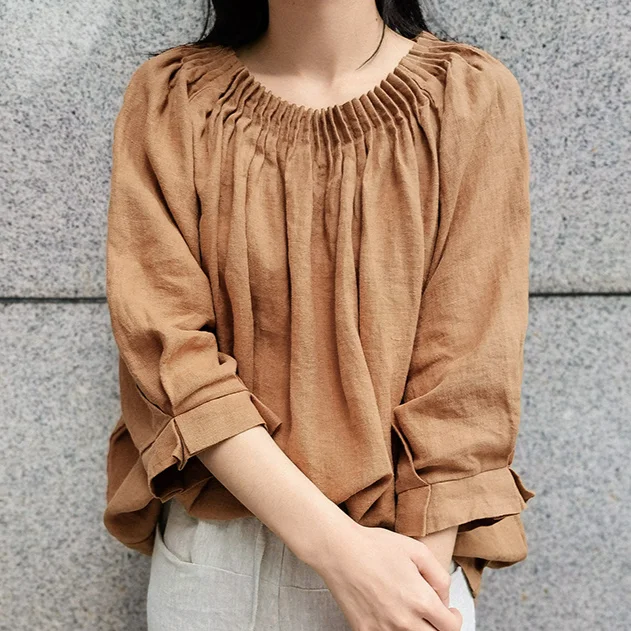 

Casual Blusas 2023 Vintage Puff Sleeve O-neck Boho Oversize Loose Blouse Summer Cotton Linen Blouses Shirts Women Top