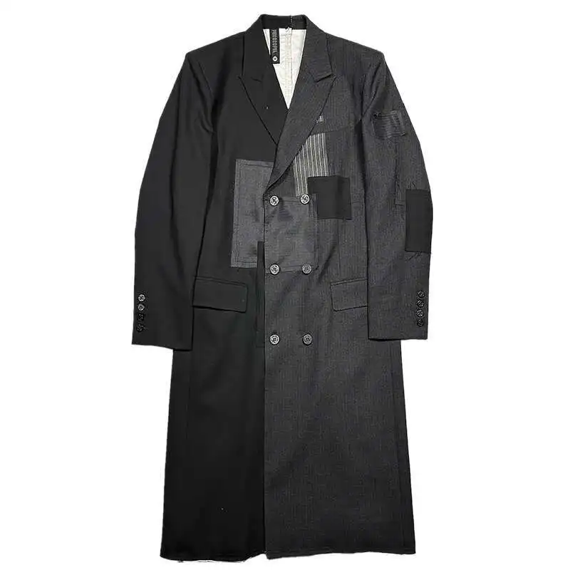 HKSH Autumn Winter Men's Punk Dark Stylish Stitching Asymmetric Contrast Color Patchwork Wool Windbreaker Deconstruction HK3355