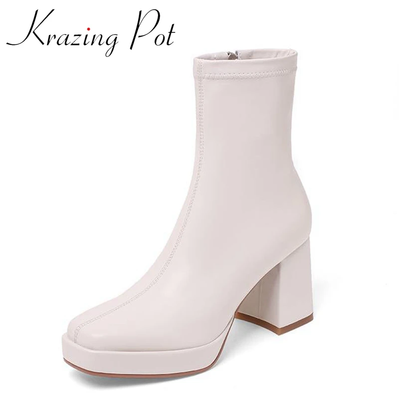 

Krazing Pot Sheep Leather Square Toe Thick High Heels Fashion Boots Chic Sweet Platform Joker British School Zipper Ankle Boots