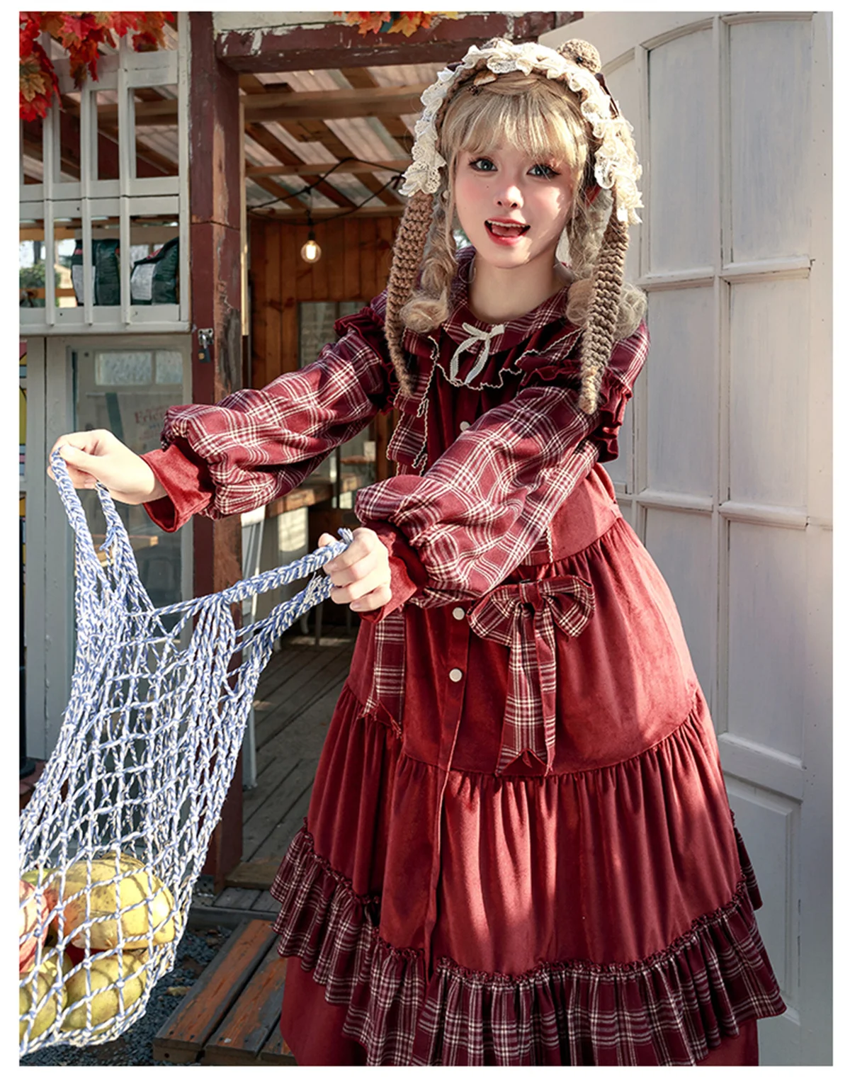 French Vintage Cosplay Lolita Girls Christmas Sweet Grid Ribbon Bowknot Puff Sleeve Peter Pan Collar Button Dress
