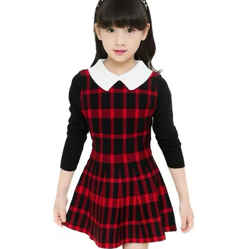 

Preppy Style Kids Red Plaid School Dress Knitwear Girls Long Sleeve Cotton Knitted Dress Sweater Princess Slim Knitwear 13 To 4T