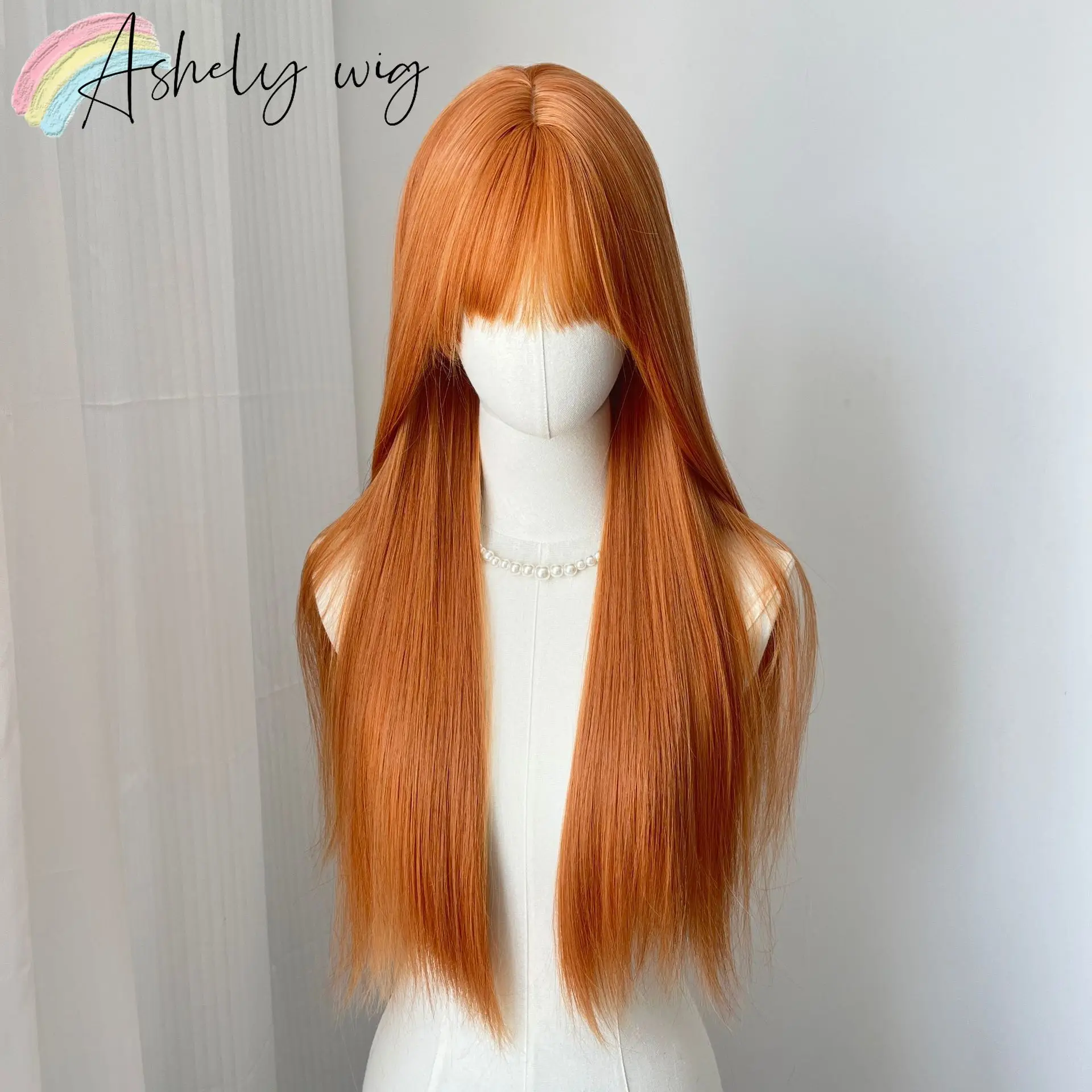 Ashely Orange Soda Wig for Women with Straight Bangs Orange Hair Wigs Natural and Fashionable Full Wig Headband Synthetic Wigs