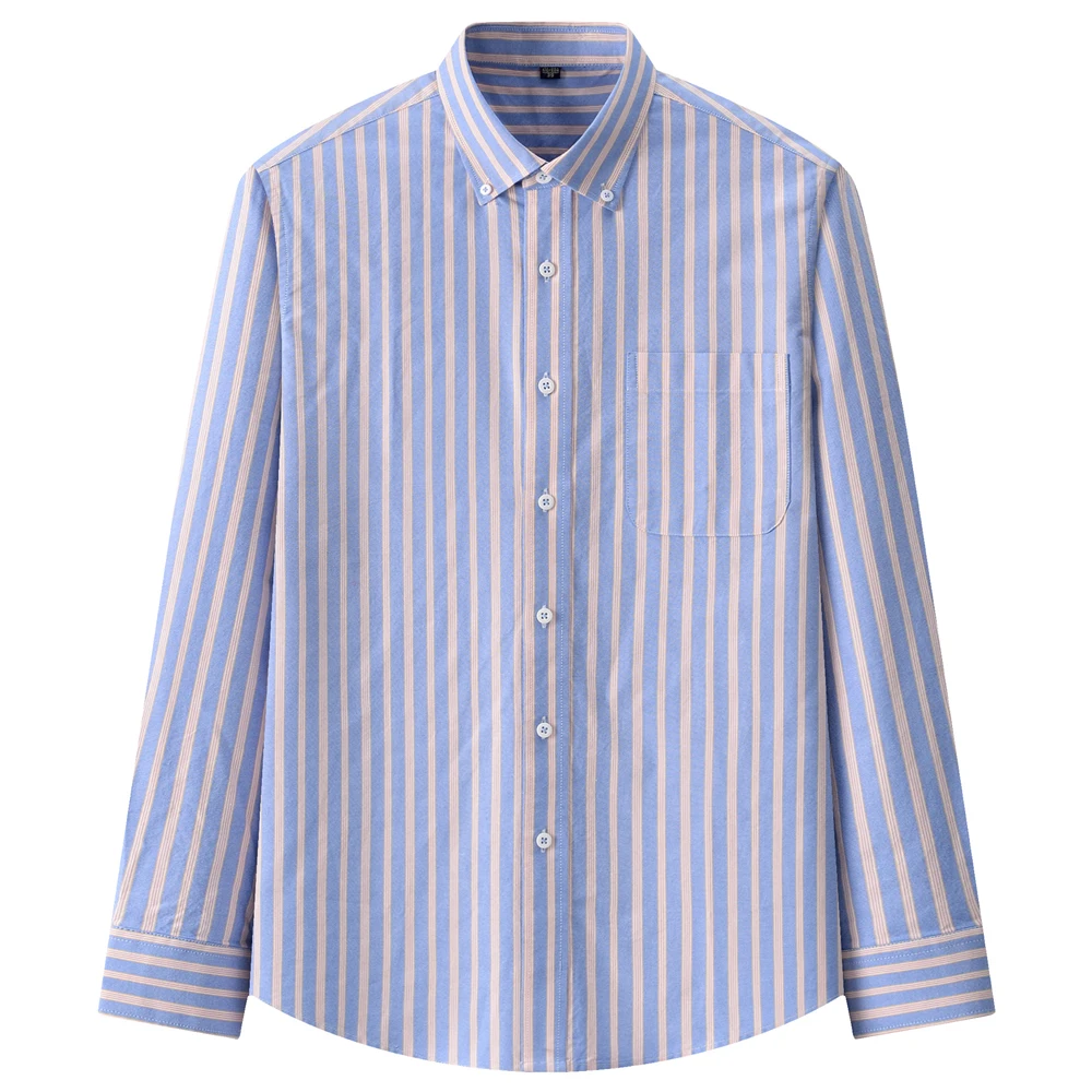 Erkek Kontrast Çizgili Düğme Yaka Oxford Dokuma Gömlek Tek Göğüs Cep Rahat Pamuklu Normal kesim Rahat Ekose Gömlek