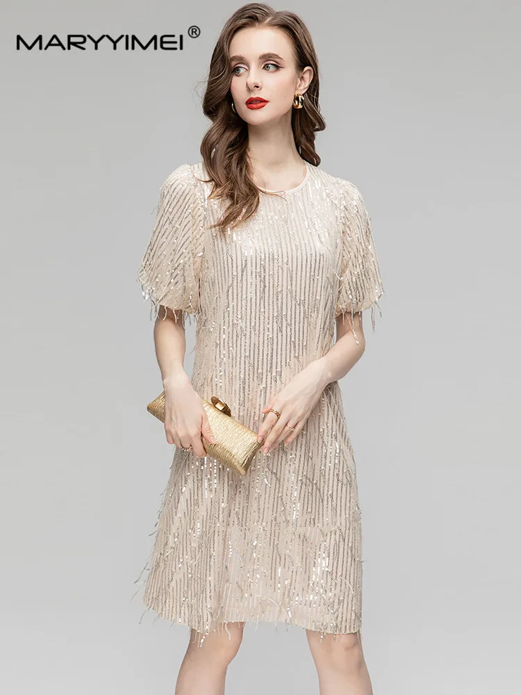

MARYYIMEI New Spring Summer Fashion Elegant Women's dress Puff Sleeve Tassel Sequins Mini Party Dresses