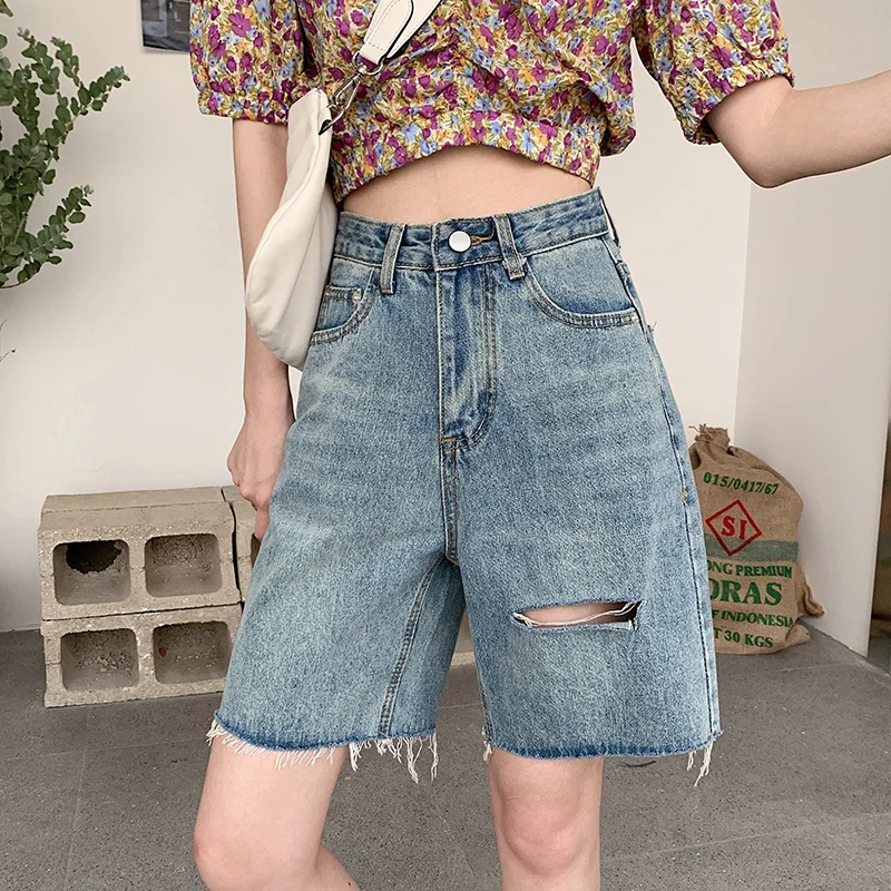 High Waisted Jeans Shorts Raw Edge Blue Ripped Women Summer Baggy Korean Style Pants Streetwear Y2k Fashion Straight Denim Short