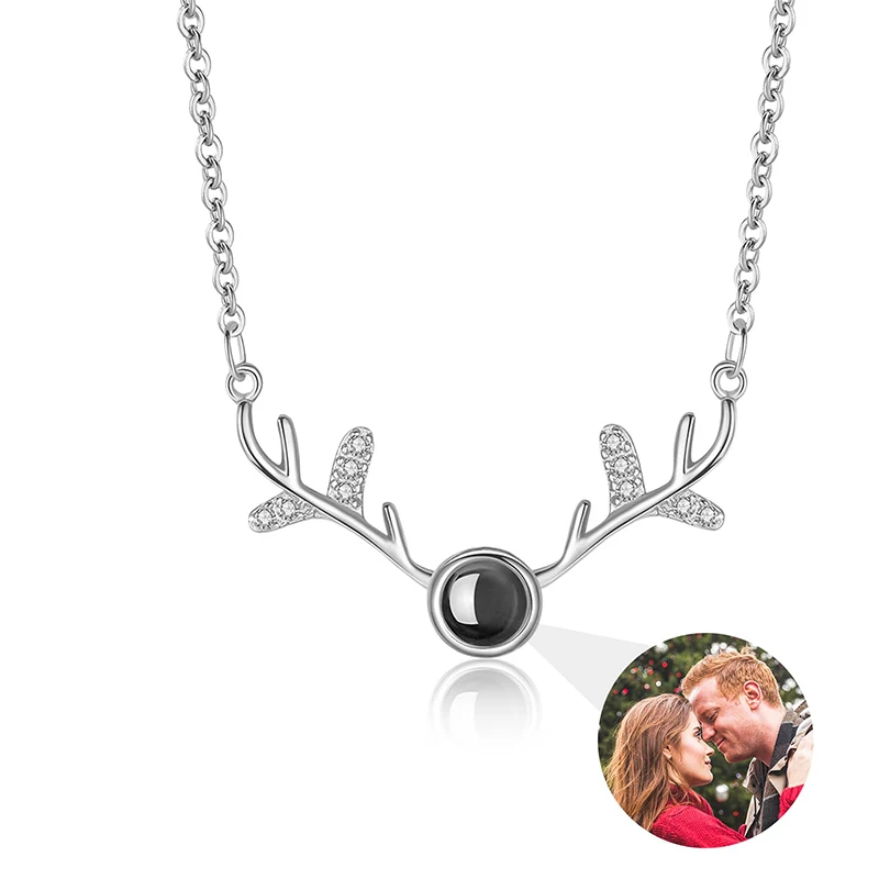 Custom Photo Projection Necklace Antlers Personalized Necklace with Picture Inside Customized Photos Pendant Necklaces Christmas