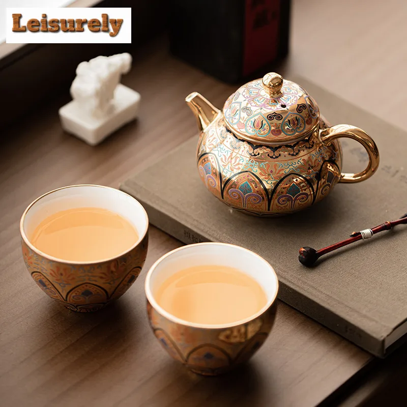 Dunhuang Gilded Exquisite Tea Set Complete Set Antique Tea Ceremony Set Tea Maker Teapot and Tea Cup Set Teaset Supplies Craft