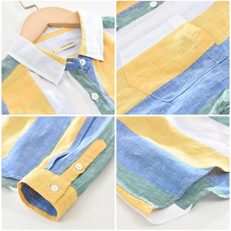 Men Clothing Men's Linen Long-sleeved Shirt Youth Art Fresh Loose Striped Lapel Shirt Camisas Para Hombre long sleeve shirt,men casual shirt