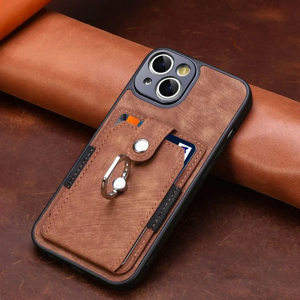 Magnetic Finger Ring Holder Phone Case with Wallet Card Slot and PU Leather Cover