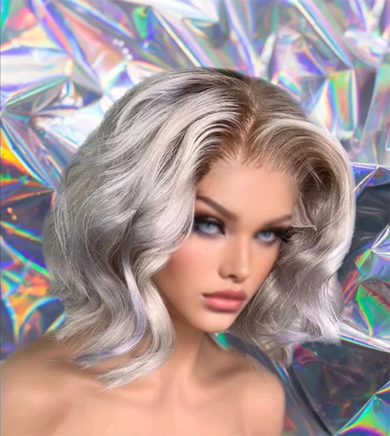 Wave Bob Ombre Icy Silver HD Transparent Lace Front Synthetic Wig Preplucked Realistic Hairline Wear and go Wig Small Large Cap